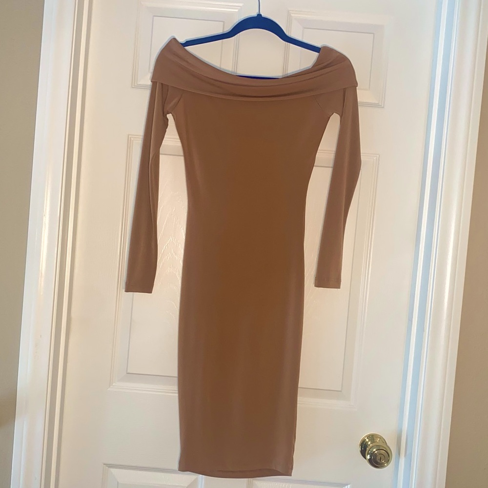 Off Shoulder Tan Long Sleeve Dress
